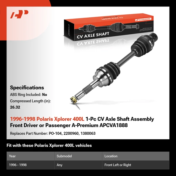 1996-1998 Polaris Xplorer 400L 1-Pc CV Axle Shaft Assembly Front Driver or Passenger A-Premium APCVA1888