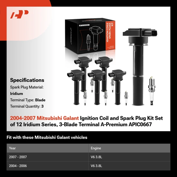 2004-2007 Mitsubishi Galant Ignition Coil and Spark Plug Kit Set of 12 Iridium Series, 3-Blade Terminal A-Premium APIC0667