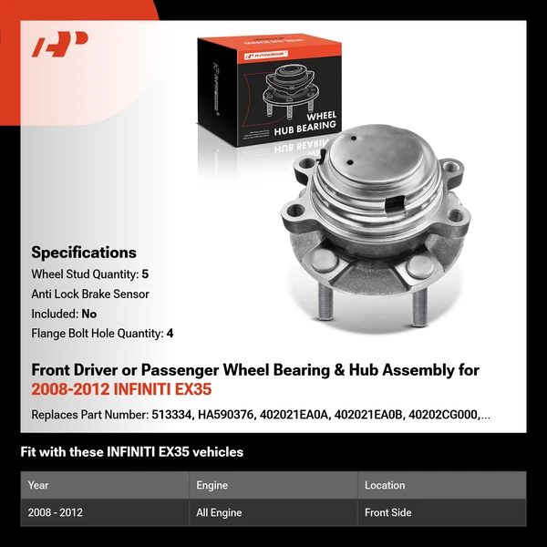 Front Driver or Passenger Wheel Bearing & Hub Assembly for 2008-2012 INFINITI EX35