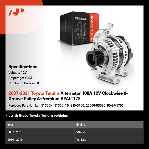 2007-2021 Toyota Tundra Alternator 100A 12V Clockwise 8-Groove Pulley A-Premium APALT178