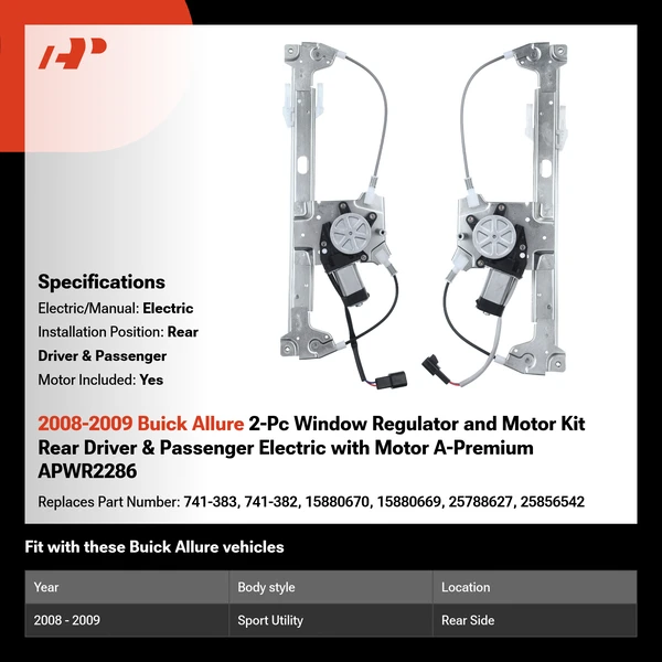 2008-2009 Buick Allure 2-Pc Window Regulator and Motor Kit Rear Driver & Passenger Electric with Motor A-Premium APWR2286