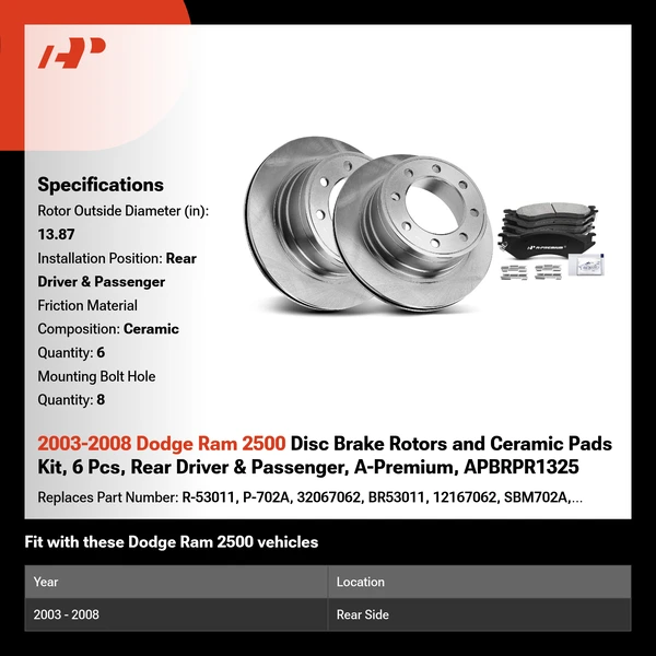 2003-2008 Dodge Ram 2500 Disc Brake Rotors and Ceramic Pads Kit, 6 Pcs, Rear Driver & Passenger, A-Premium, APBRPR1325