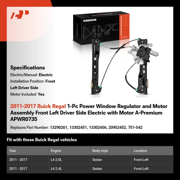 2011-2017 Buick Regal 1-Pc Power Window Regulator and Motor Assembly Front Left Driver Side Electric with Motor A-Premium APWR0735