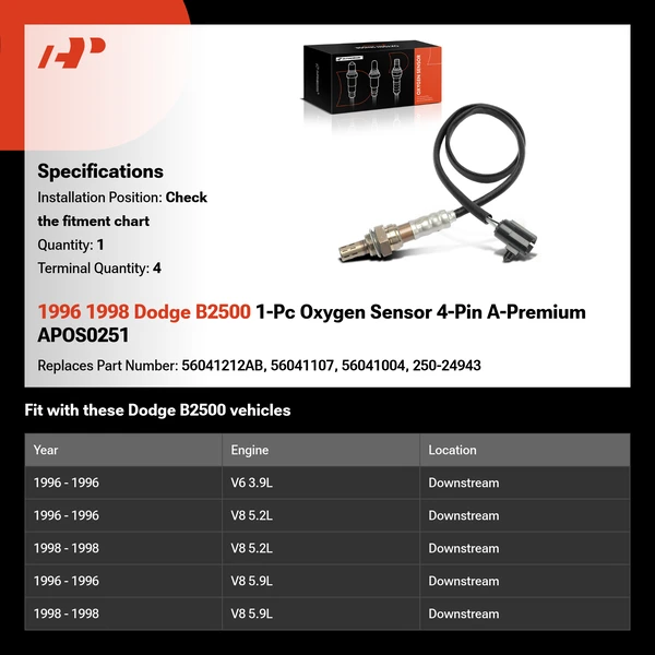 1996 1998 Dodge B2500 1-Pc Oxygen Sensor 4-Pin A-Premium APOS0251