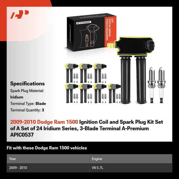 2009-2010 Dodge Ram 1500 Ignition Coil and Spark Plug Kit Set of A Set of 24 Iridium Series, 3-Blade Terminal A-Premium APIC0537