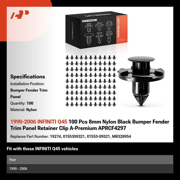 1990-2006 INFINITI Q45 100 Pcs 8mm Nylon Black Bumper Fender Trim Panel Retainer Clip A-Premium APRCF4297