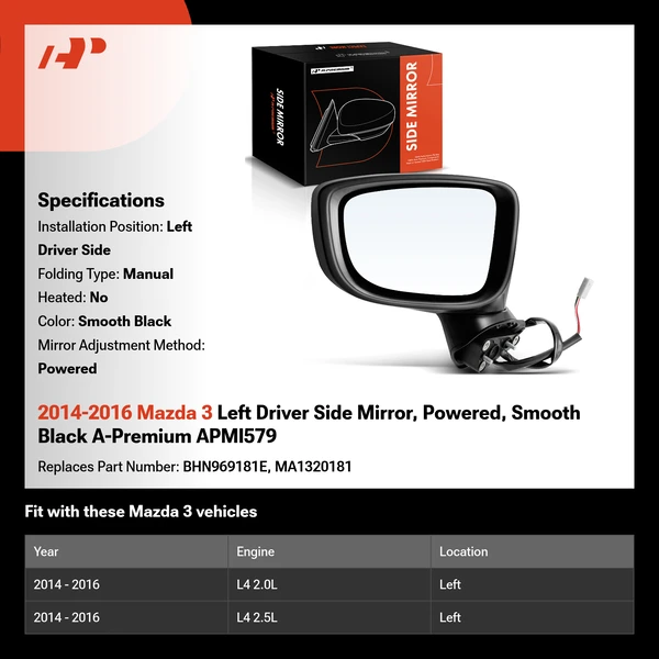 2014-2016 Mazda 3 Left Driver Side Mirror, Powered, Smooth Black A-Premium APMI579