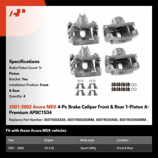 2001-2002 Acura MDX 4-Pc Brake Caliper Front & Rear 1-Piston A-Premium APBC1534
