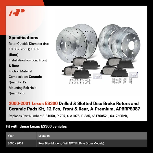 2000-2001 Lexus ES300 Drilled & Slotted Disc Brake Rotors and Ceramic Pads Kit, 12 Pcs, Front & Rear, A-Premium, APBRPS087