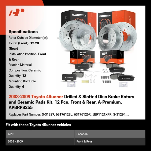 2003-2009 Toyota 4Runner Drilled & Slotted Disc Brake Rotors and Ceramic Pads Kit, 12 Pcs, Front & Rear, A-Premium, APBRPS255