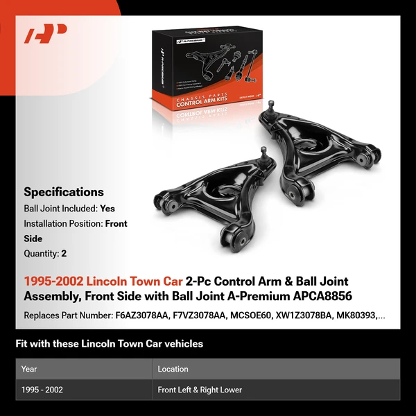 1995-2002 Lincoln Town Car 2-Pc Control Arm & Ball Joint Assembly, Front Side with Ball Joint A-Premium APCA8856