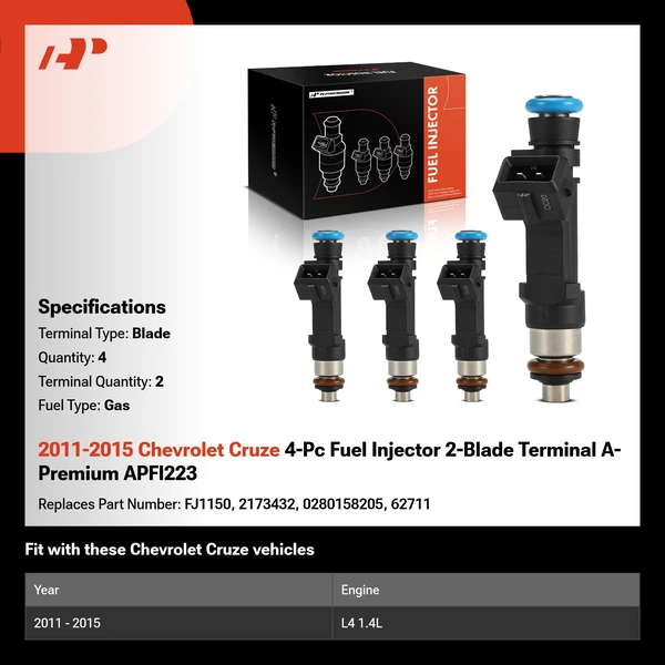2011-2015 Chevrolet Cruze 4-Pc Fuel Injector 2-Blade Terminal A-Premium APFI223
