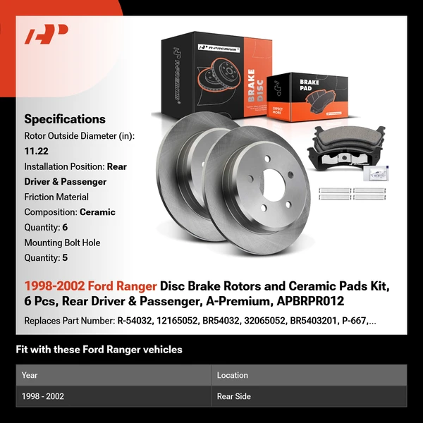 1998-2002 Ford Ranger Disc Brake Rotors and Ceramic Pads Kit, 6 Pcs, Rear Driver & Passenger, A-Premium, APBRPR012