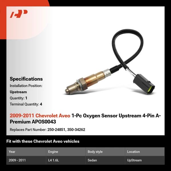 2009-2011 Chevrolet Aveo 1-Pc Oxygen Sensor Upstream 4-Pin A-Premium APOS0043