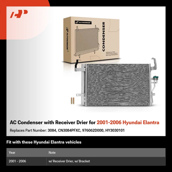 AC Condenser with Receiver Drier for 2001-2006 Hyundai Elantra