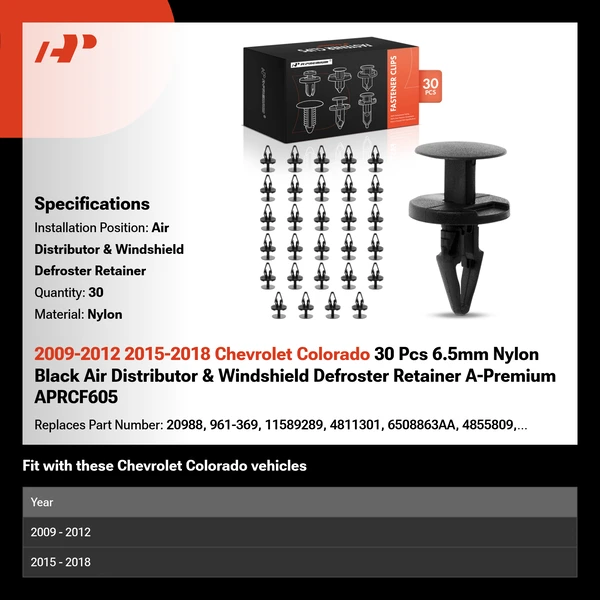 2009-2012 2015-2018 Chevrolet Colorado 30 Pcs 6.5mm Nylon Black Air Distributor & Windshield Defroster Retainer A-Premium APRCF605