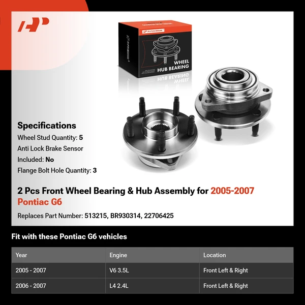 2 Pcs Front Wheel Bearing & Hub Assembly for 2005-2007 Pontiac G6