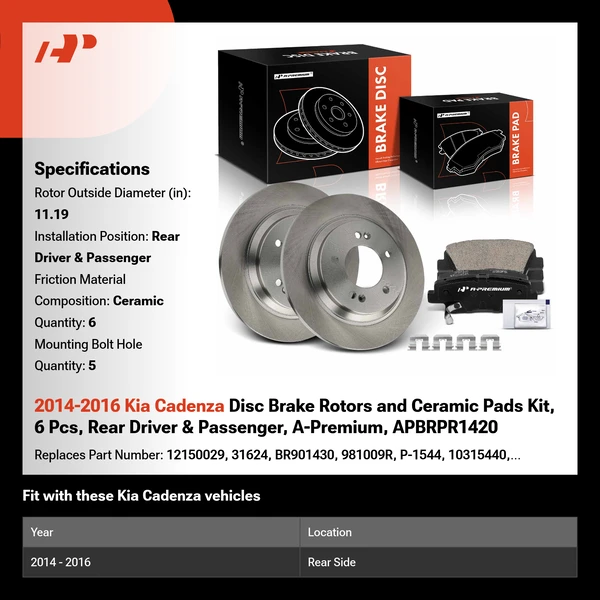 2014-2016 Kia Cadenza Disc Brake Rotors and Ceramic Pads Kit, 6 Pcs, Rear Driver & Passenger, A-Premium, APBRPR1420