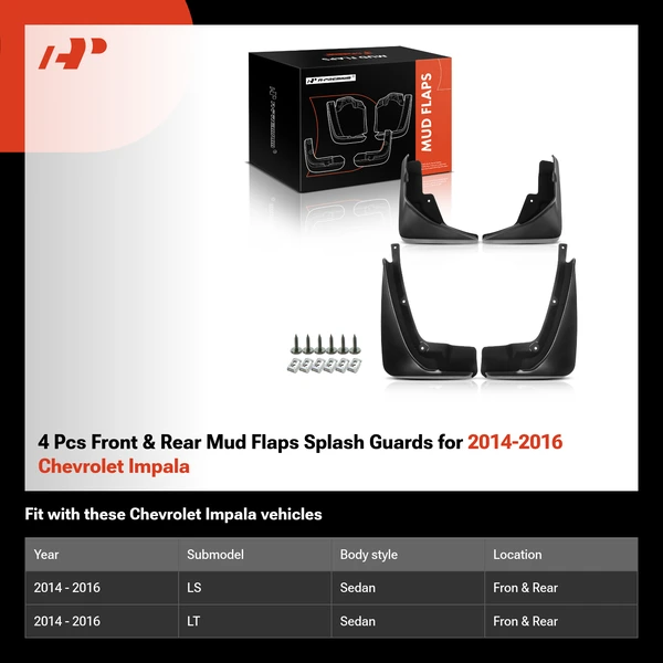 4 Pcs Front & Rear Mud Flaps Splash Guards for 2014-2016 Chevrolet Impala