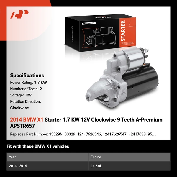 2014 BMW X1 Starter 1.7 KW 12V Clockwise 9 Teeth A-Premium APSTR657