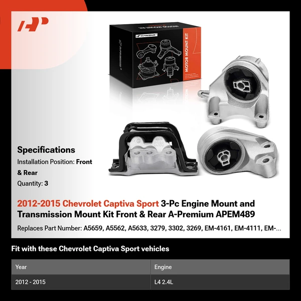 2012-2015 Chevrolet Captiva Sport 3-Pc Engine Mount and Transmission Mount Kit Front & Rear A-Premium APEM489