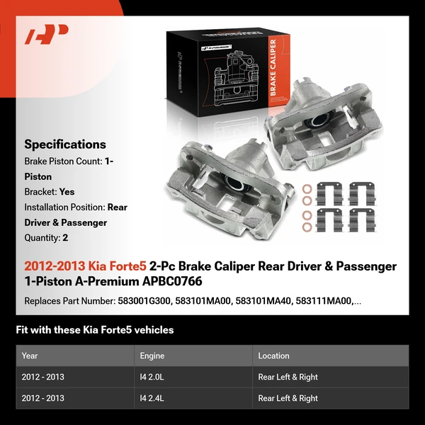2012-2013 Kia Forte5 2-Pc Brake Caliper Rear Driver & Passenger 1-Piston A-Premium APBC0766