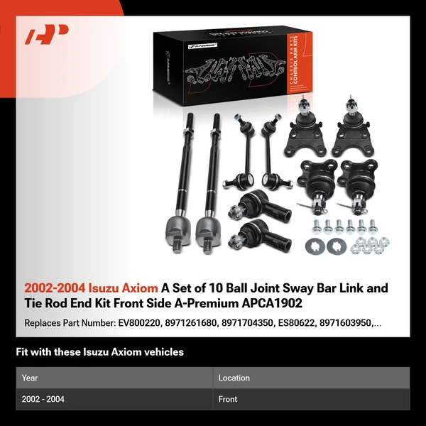 2002-2004 Isuzu Axiom A Set of 10 Ball Joint Sway Bar Link and Tie Rod End Kit Front Side A-Premium APCA1902