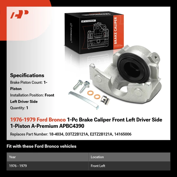 1976-1979 Ford Bronco 1-Pc Brake Caliper Front Left Driver Side 1-Piston A-Premium APBC4390