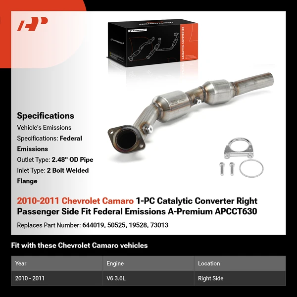 2010-2011 Chevrolet Camaro 1-PC Catalytic Converter Right Passenger Side Fit Federal Emissions A-Premium APCCT630
