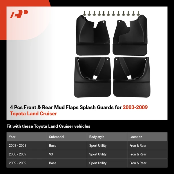 4 Pcs Front & Rear Mud Flaps Splash Guards for 2003-2009 Toyota Land Cruiser