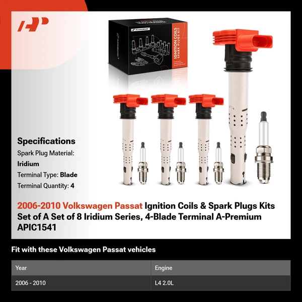 2006-2010 Volkswagen Passat Ignition Coils & Spark Plugs Kits Set of A Set of 8 Iridium Series, 4-Blade Terminal A-Premium APIC1541