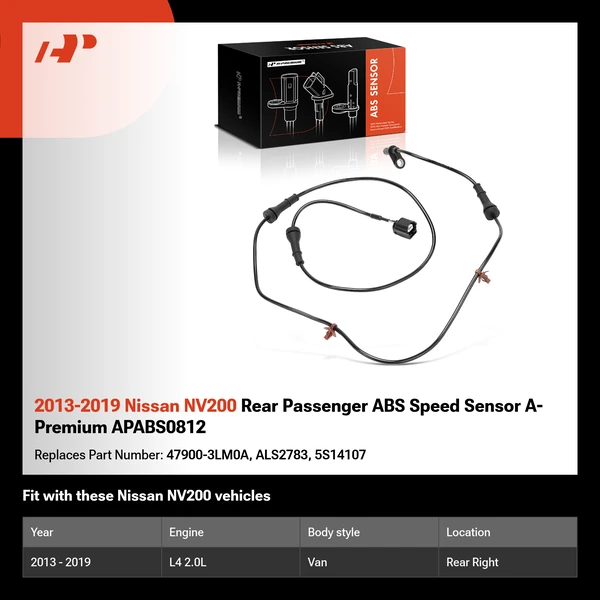 2013-2019 Nissan NV200 Rear Passenger ABS Speed Sensor A-Premium APABS0812