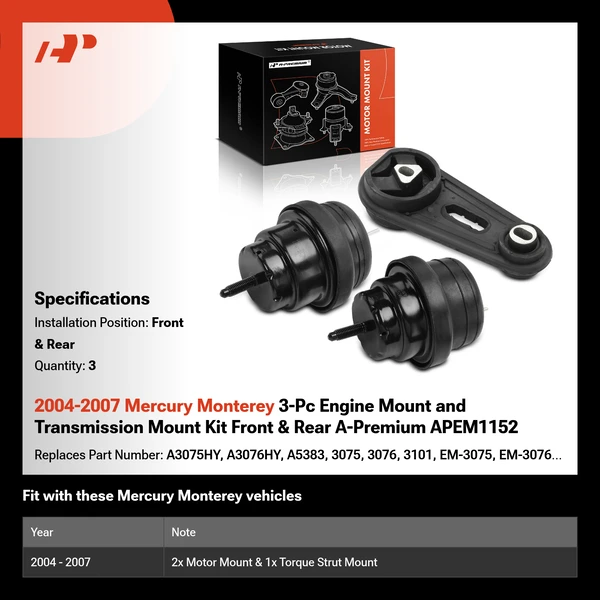 2004-2007 Mercury Monterey 3-Pc Engine Mount and Transmission Mount Kit Front & Rear A-Premium APEM1152