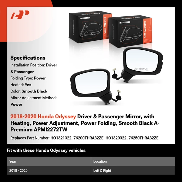 2018-2020 Honda Odyssey Driver & Passenger Mirror, with Heating, Power Adjustment, Power Folding, Smooth Black A-Premium APMI2272TW
