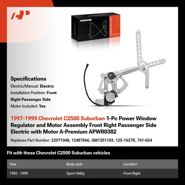 1997-1999 Chevrolet C2500 Suburban 1-Pc Power Window Regulator and Motor Assembly Front Right Passenger Side Electric with Motor A-Premium APWR0382