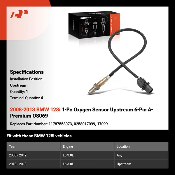 2008-2013 BMW 128i 1-Pc Oxygen Sensor Upstream 6-Pin A-Premium OS069
