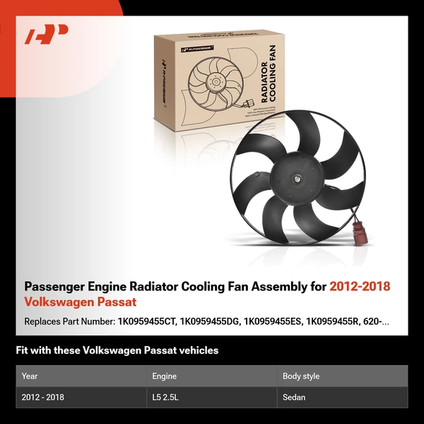 Passenger Engine Radiator Cooling Fan Assembly for 2012-2018 Volkswagen Passat