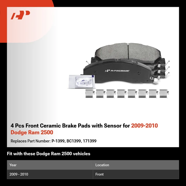 4 Pcs Front Ceramic Brake Pads with Sensor for 2009-2010 Dodge Ram 2500
