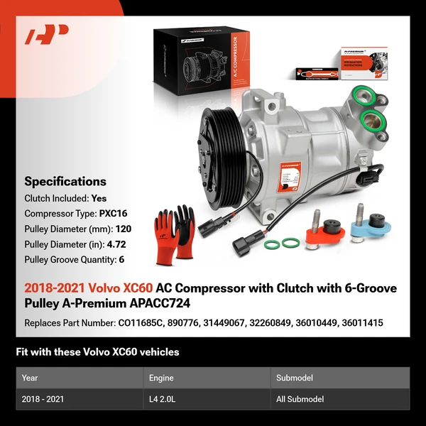 2018-2021 Volvo XC60 AC Compressor with Clutch with 6-Groove Pulley A-Premium APACC724