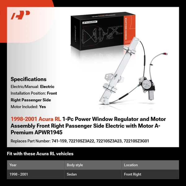 1998-2001 Acura RL 1-Pc Power Window Regulator and Motor Assembly Front Right Passenger Side Electric with Motor A-Premium APWR1945