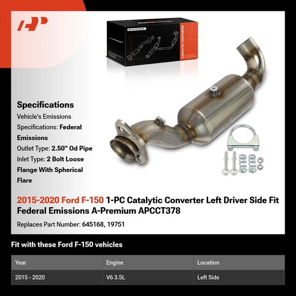 2015-2020 Ford F-150 1-PC Catalytic Converter Left Driver Side Fit Federal Emissions A-Premium APCCT378