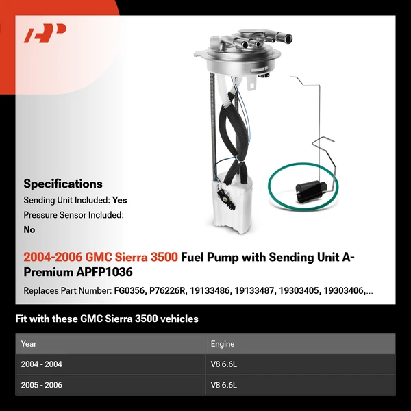 2004-2006 GMC Sierra 3500 Fuel Pump with Sending Unit A-Premium APFP1036
