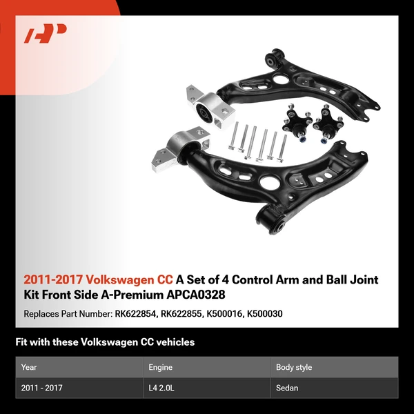 2011-2017 Volkswagen CC A Set of 4 Control Arm and Ball Joint Kit Front Side A-Premium APCA0328