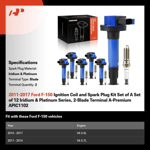 2011-2017 Ford F-150 Ignition Coil and Spark Plug Kit Set of A Set of 12 Iridium & Platinum Series, 2-Blade Terminal A-Premium APIC1102