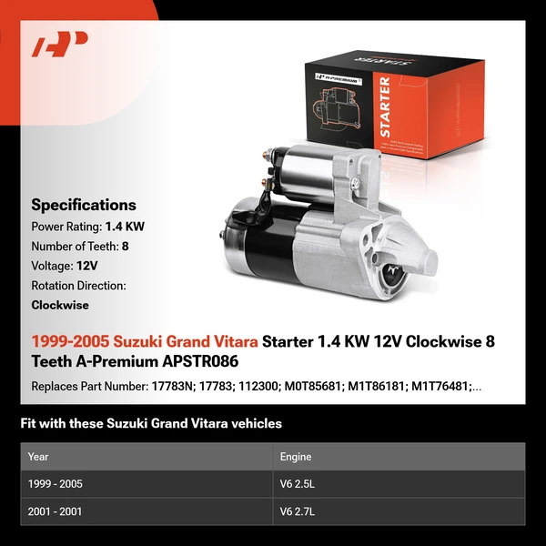 1999-2005 Suzuki Grand Vitara Starter 1.4 KW 12V Clockwise 8 Teeth A-Premium APSTR086