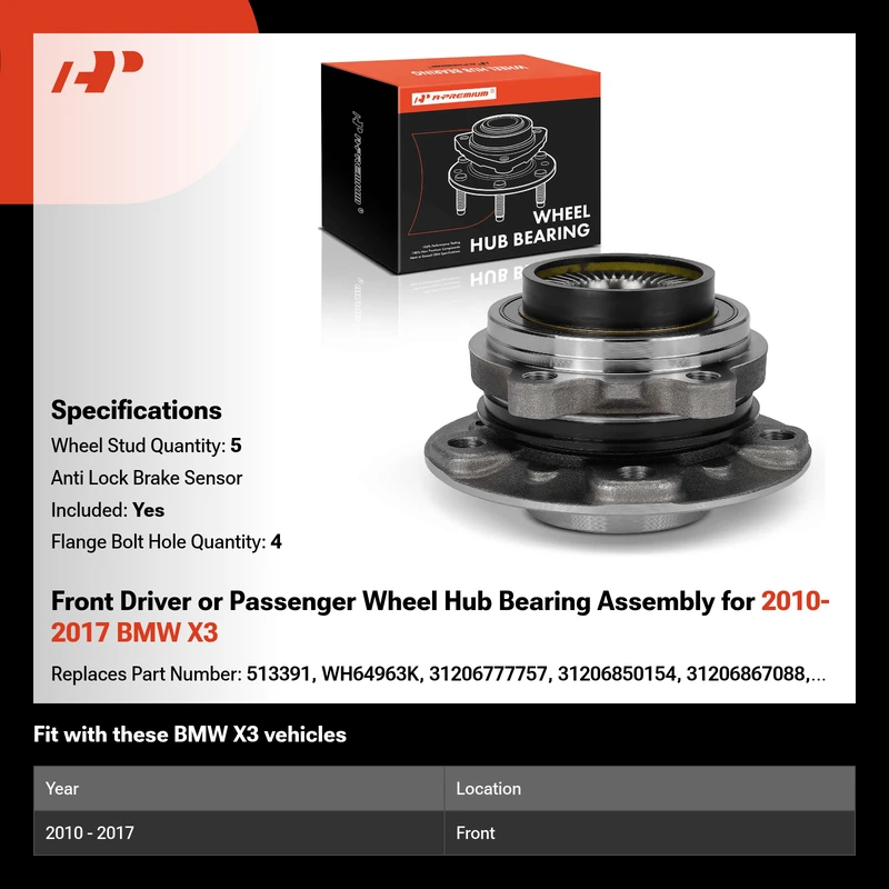 Front Driver or Passenger Wheel Hub Bearing Assembly for 2010-2017 BMW X3