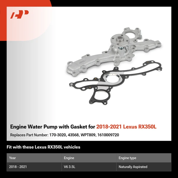 Engine Water Pump with Gasket for 2018-2021 Lexus RX350L