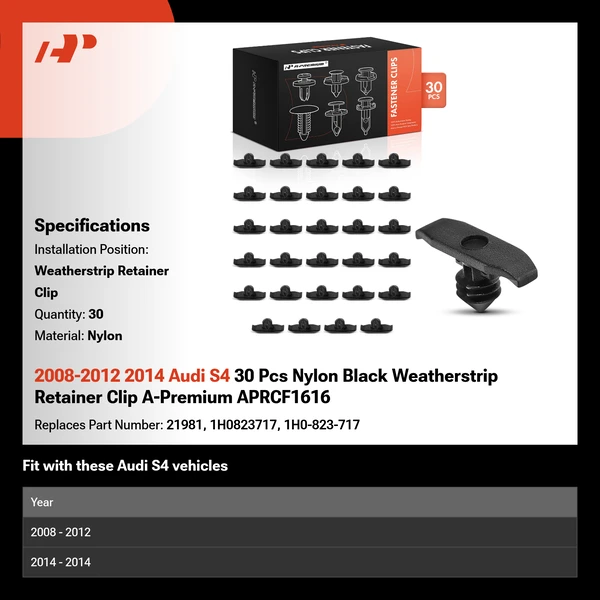 2008-2012 2014 Audi S4 30 Pcs Nylon Black Weatherstrip Retainer Clip A-Premium APRCF1616