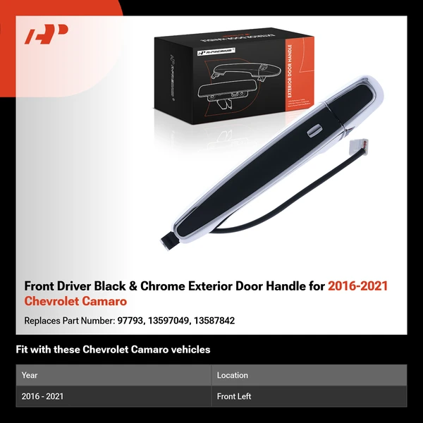 Front Driver Black & Chrome Exterior Door Handle for 2016-2021 Chevrolet Camaro
