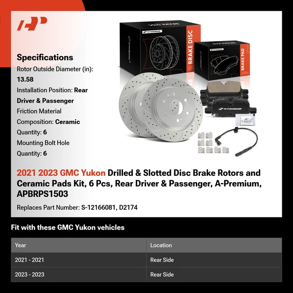 2021 2023 GMC Yukon Drilled & Slotted Disc Brake Rotors and Ceramic Pads Kit, 6 Pcs, Rear Driver & Passenger, A-Premium, APBRPS1503